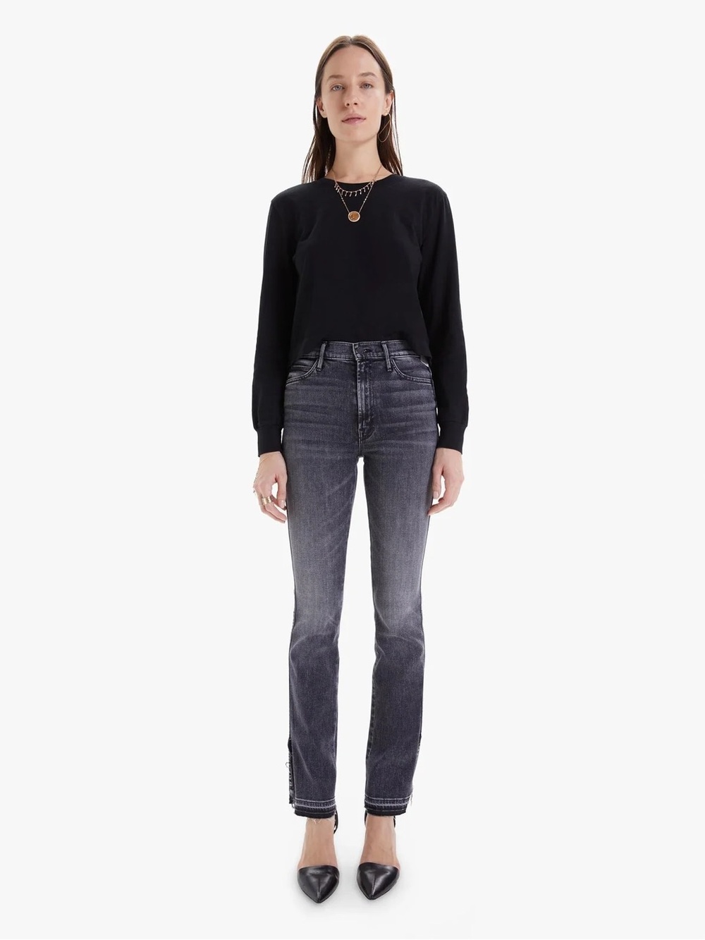 MOTHER High-Rise Straight Jeans in Washed Black Fade
